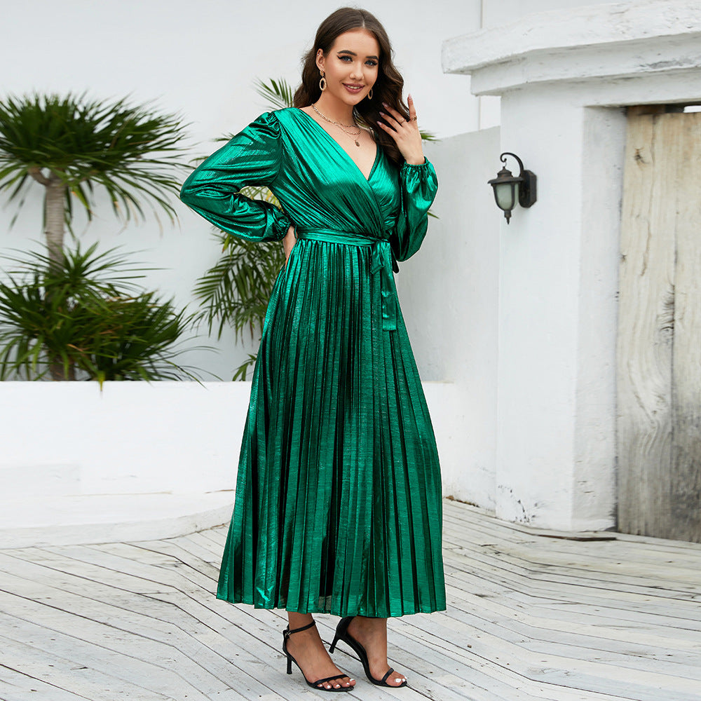 Shiny Pleated V-Neck Long Sleeve Sash Belted Maxi Dress