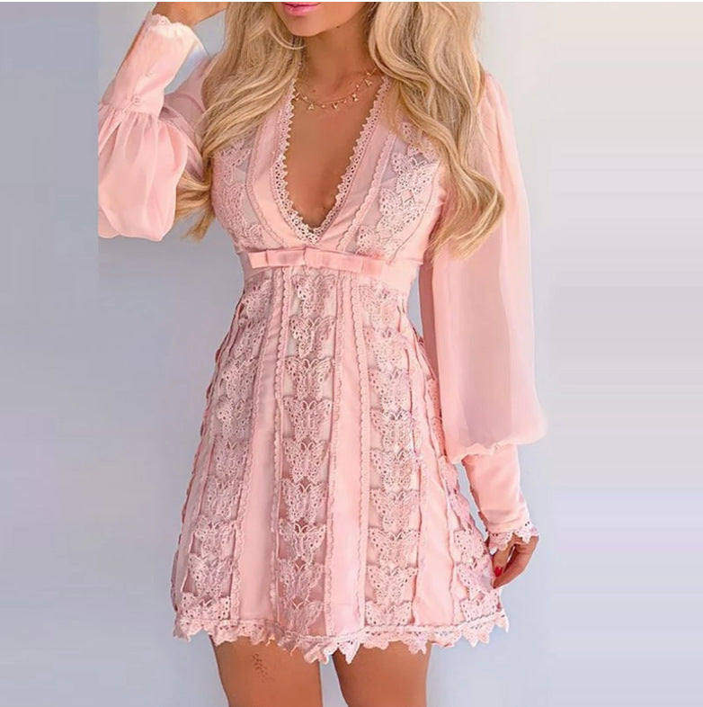 Lace Butterfly Design Deep V-Neck Long Puff Sleeve Mini Beach Dress