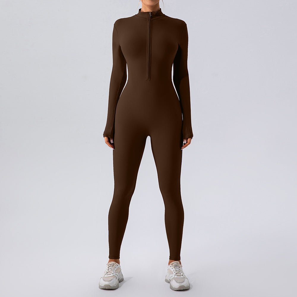 Fleece Lined Yoga Long Sleeve Fitness Zipper Skinny Jumpsuit