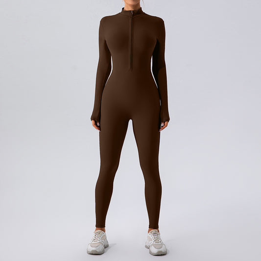 Fleece Lined Yoga Long Sleeve Fitness Zipper Skinny Jumpsuit