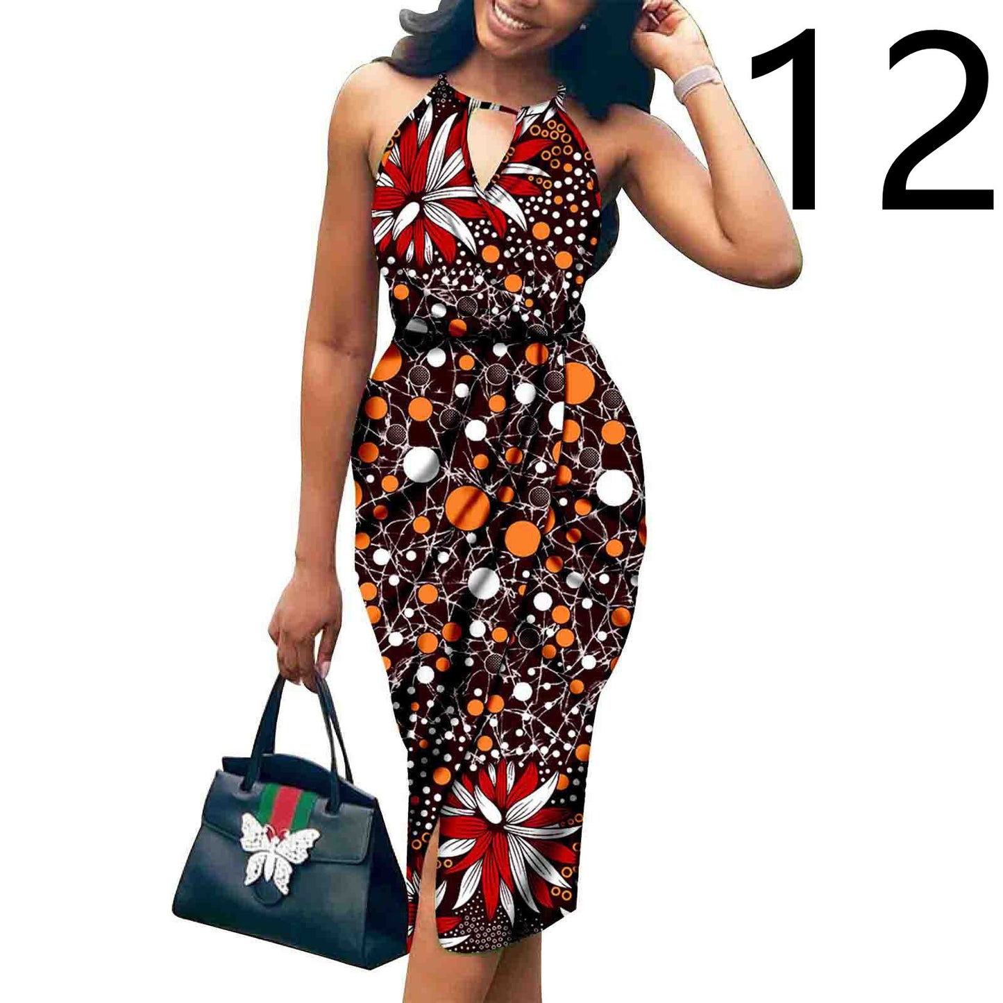 African Print Batik Cotton Sleeveless V-Neck Halter Strap Formal Party Dress to 3X Plus Size