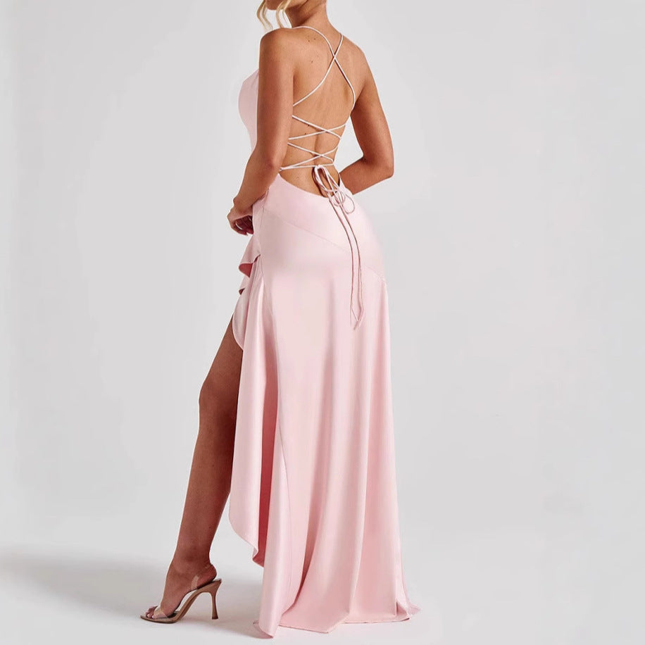 Backless Ruffled Irregular High Slit Solid Color Maxi Formal Party Dress