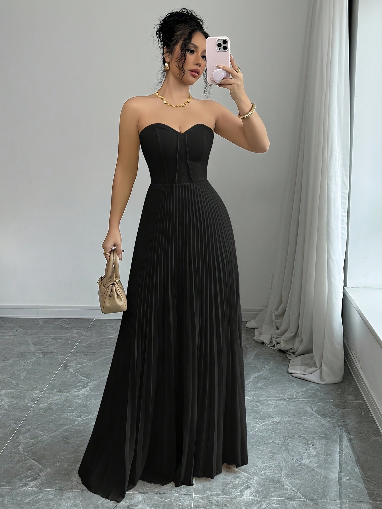 French Sleeveless Pleated Closet Top Solid Color Maxi Formal Tube Dress