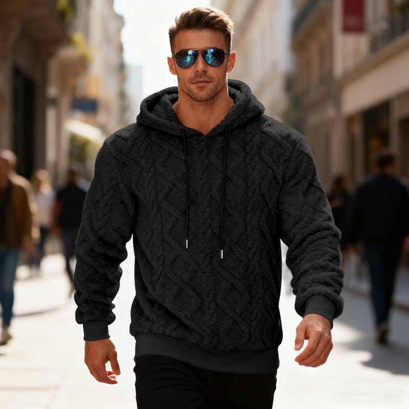 Men's Plush Sherpa Weave Pattern Drawstring Long Sleeve Pullover Solid Color Fleece Hoodie Sweatshirt to 3X Big & Tall