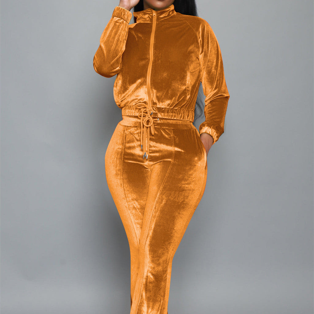 Velvet Drawstring Solid Color Women's Mandarin Collar Zipper Sweat Jacket + Sweatpants Tracksuit