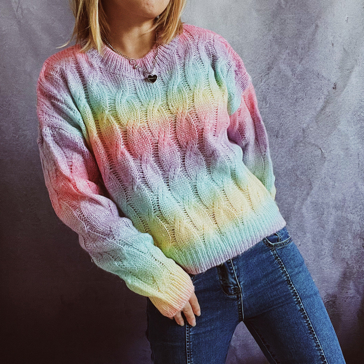 Rainbow Striped O-Neck Weave Pattern Knitted Women's Long Sleeve Sweater