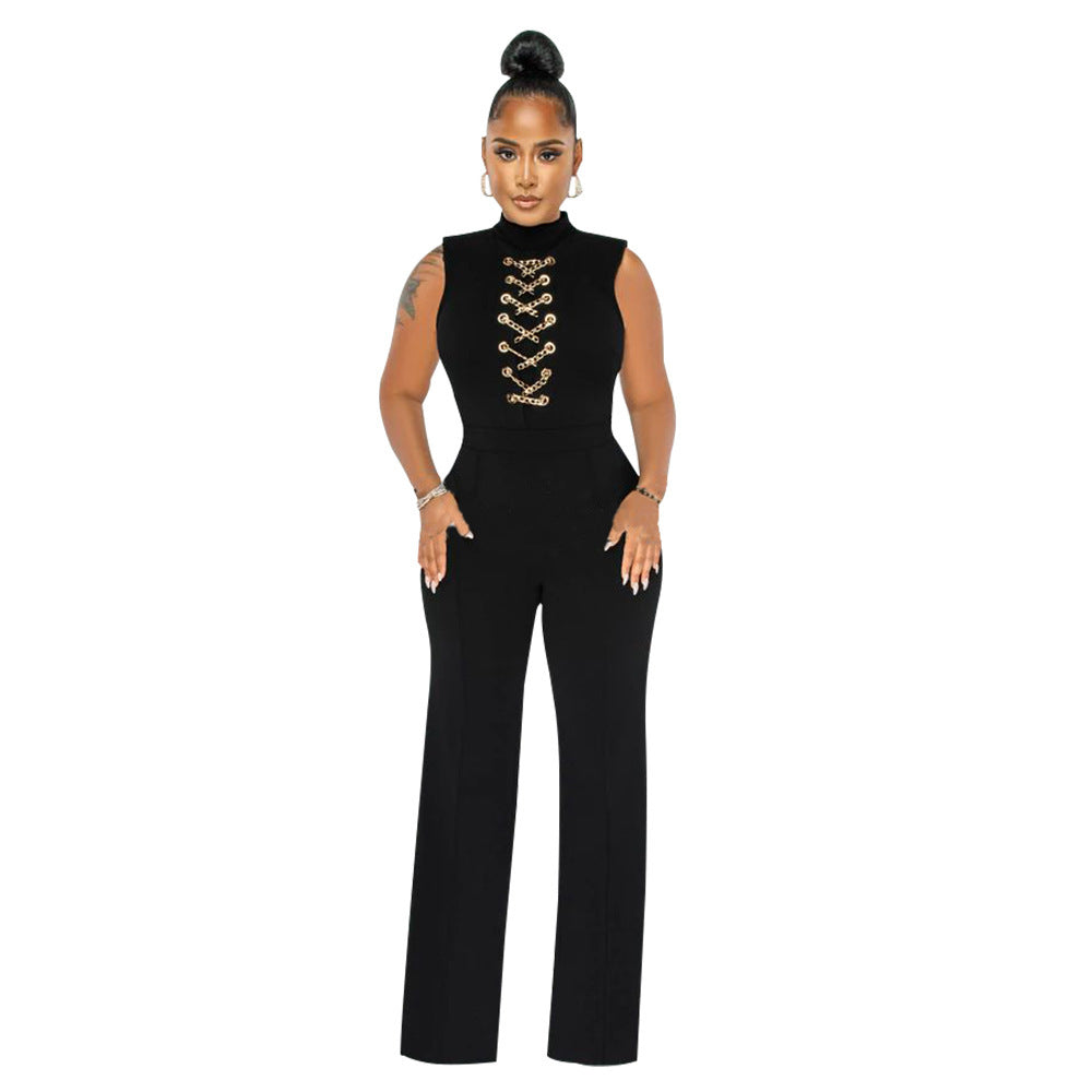 CrissCross Women's Solid Color Sleeveless Stand Collar Round Neck Jumpsuit
