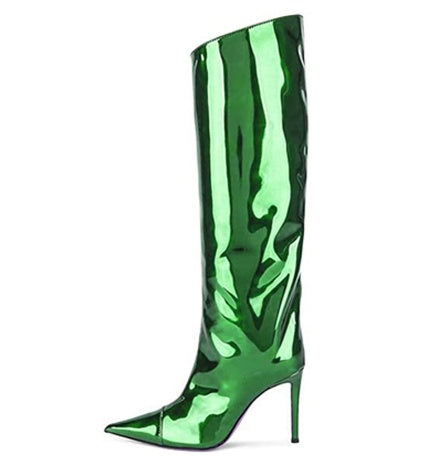 Shiny Patent Leather Metallic Women's High Heel Pointed Toe Knee-High Boots