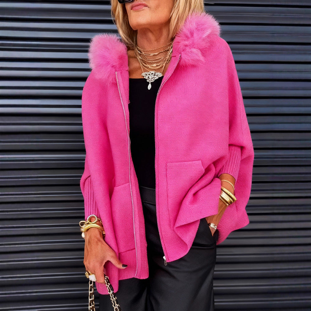 Oversized Plush Faux Fur Collar Women's Batwing Sleeve Zipper Sweater to 3X Plus Size