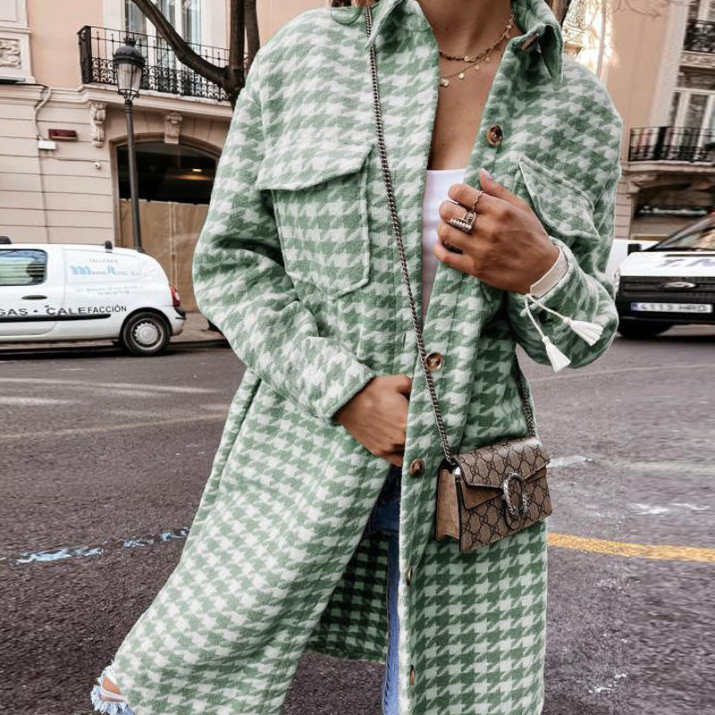 Houndstooth Print Double Pocket Design Women's Turn-Down Collar Maxi Jacket