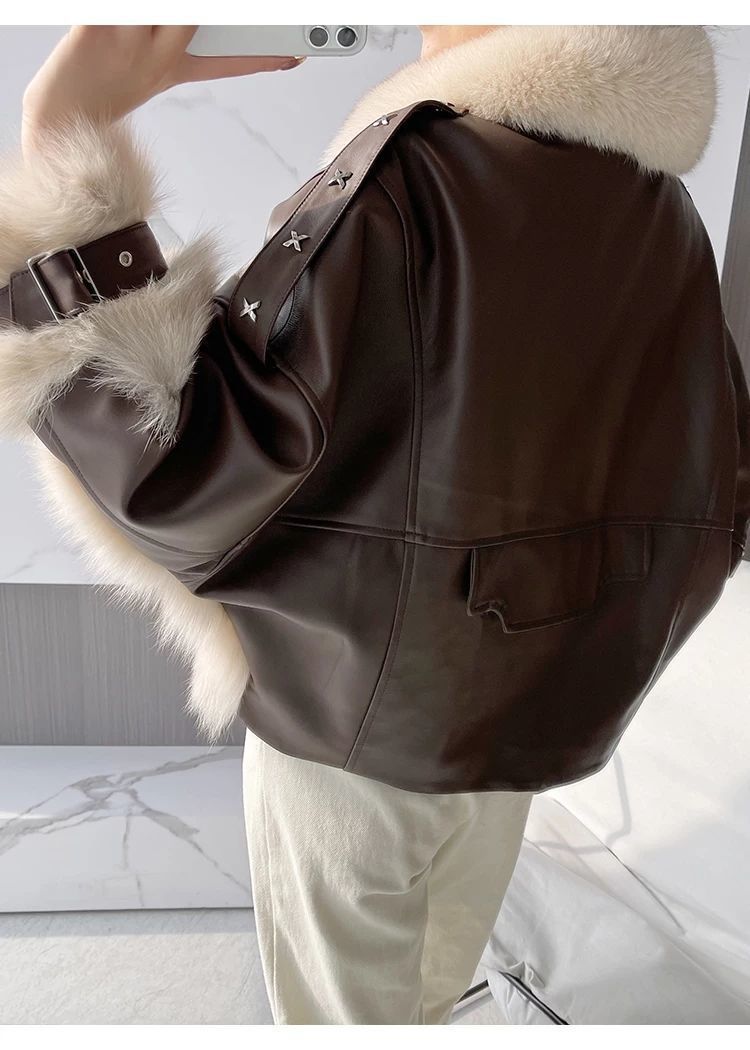 Vintage PU Leather Patchwork Colorblock Faux Fur Lined Stitched Women's Jacket