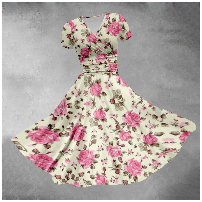 Pastel Rainbow Striped Colorblock/Flower Print V-Neck Short Sleeve Midi Big Swing Dress to 5X Plus Size