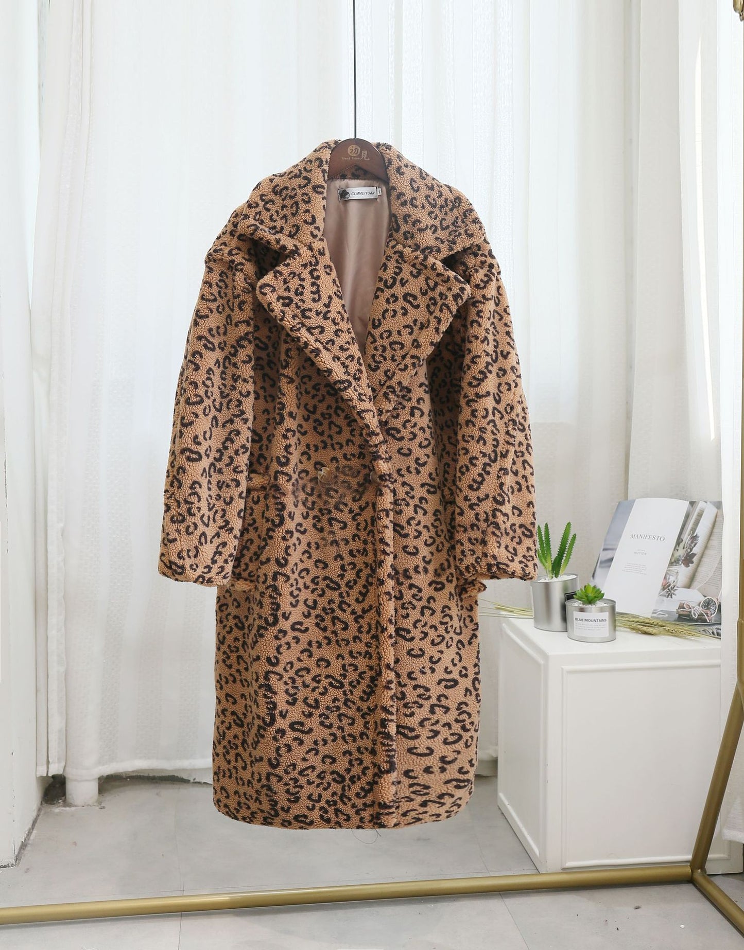 Oversized Leopard Print Plush Faux Sheared Fur Women's Turn-Down Collar Trenchcoat