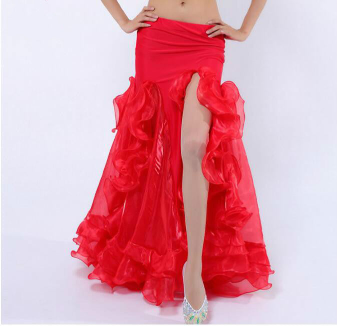 Ruffled Floral Solid Color High Slit Floor Length Formal Dancer Maxi Skirt