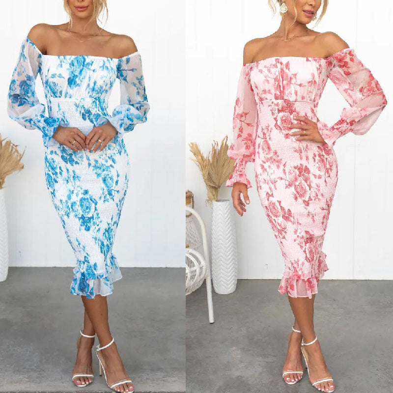 Flower Print Ruched Long Sleeve Off-the-Shoulder Flared Hem Midi Dress