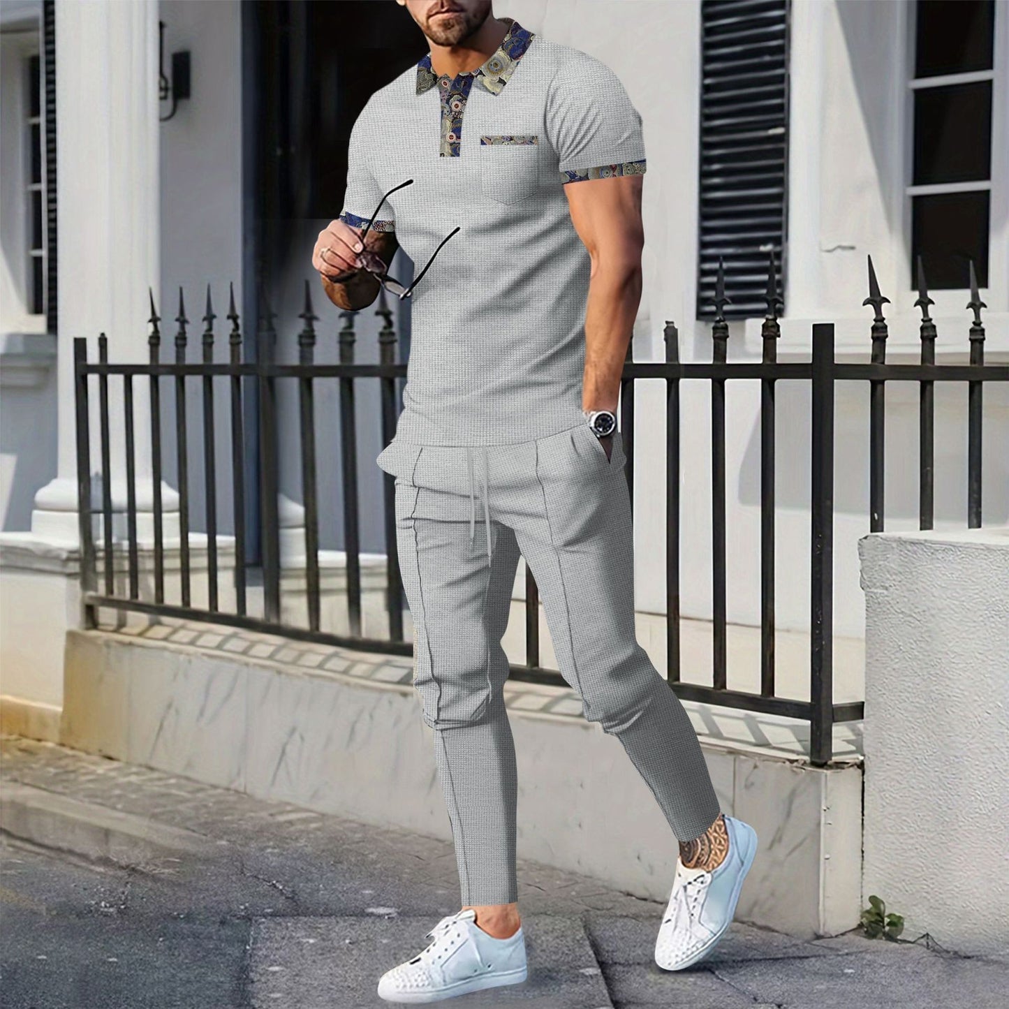 Men's Waffle Pattern Floral Turn-Down Collar Short Sleeve Polo Shirt + Drawstring Pocketed Pants 2-Piece Set