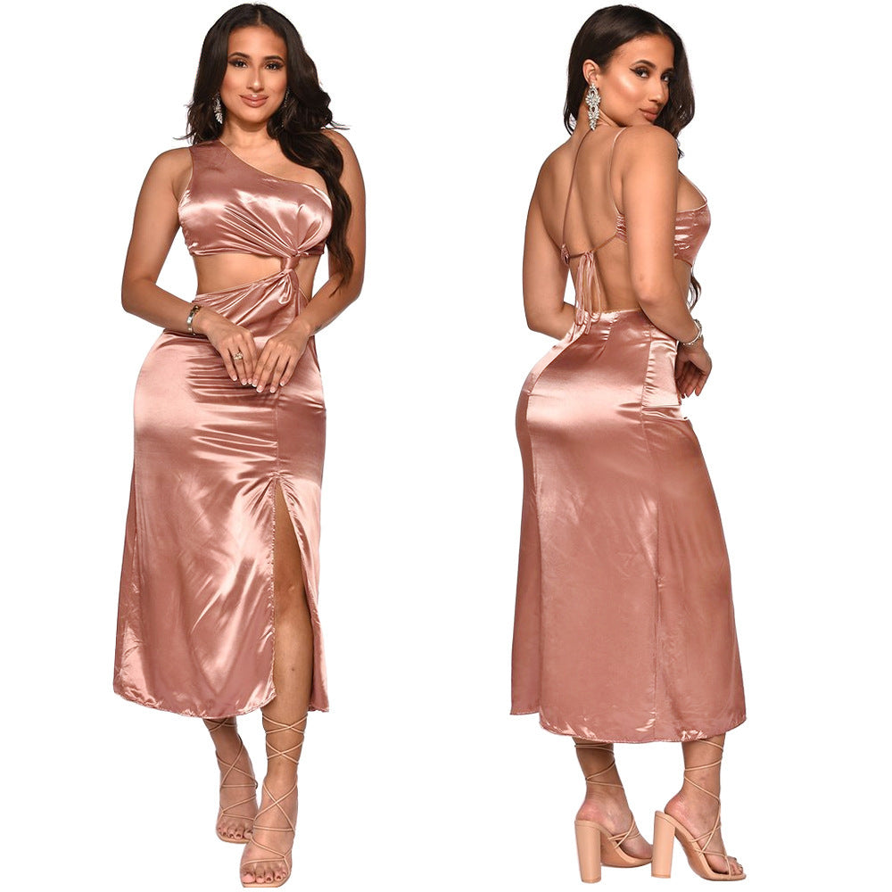 Satin Sleeveless Irregular Hollow-Out Asymmetrical One Shoulder Solid Color High Slit Party Dress