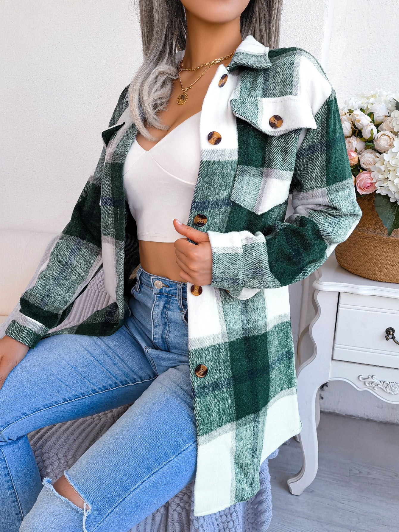 Women's Color-Blocked Plaid Long Sleeve Tie-Waist Thick Tweed Coat
