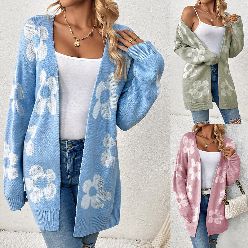 Open Big Flower Print Loose Flower Knitted Cardigan Maxi Sweater