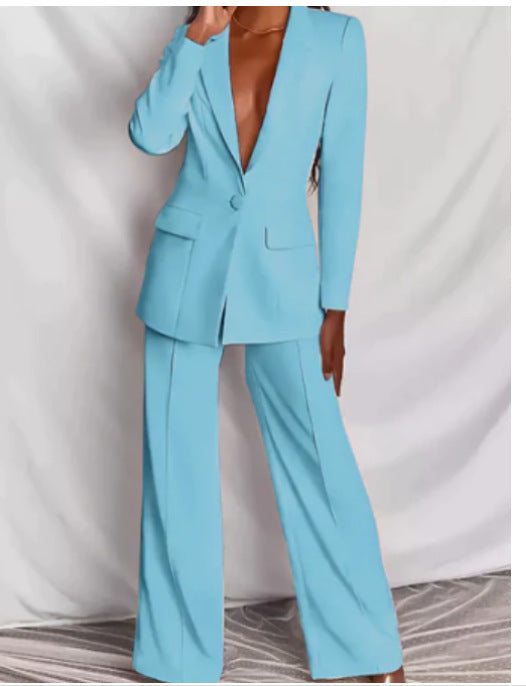 Single Breasted Women's Solid Color Long Sleeve Blazer w/ Pockets + Pleated Pants Business Suit to 3X Plus Size