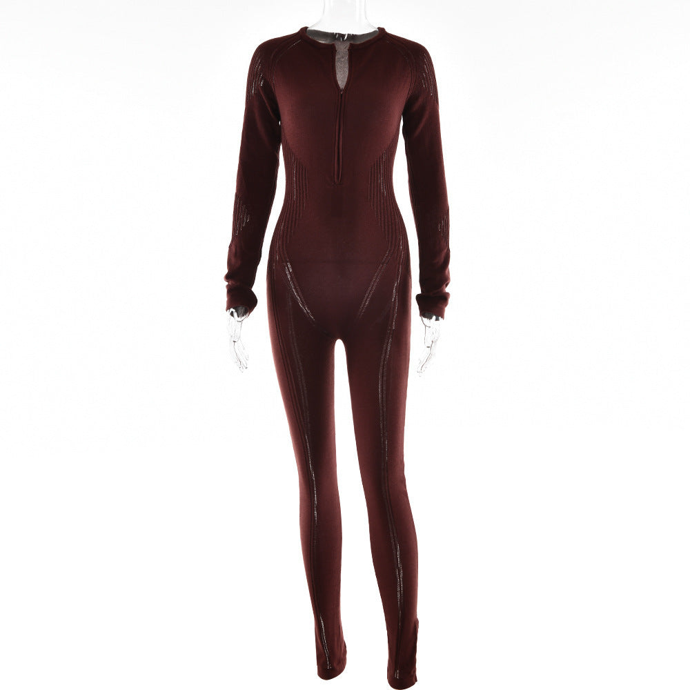 Ribbed Knitted Fitness Long Sleeve V-Neck Women's Skin Tight Workout Jumpsuit