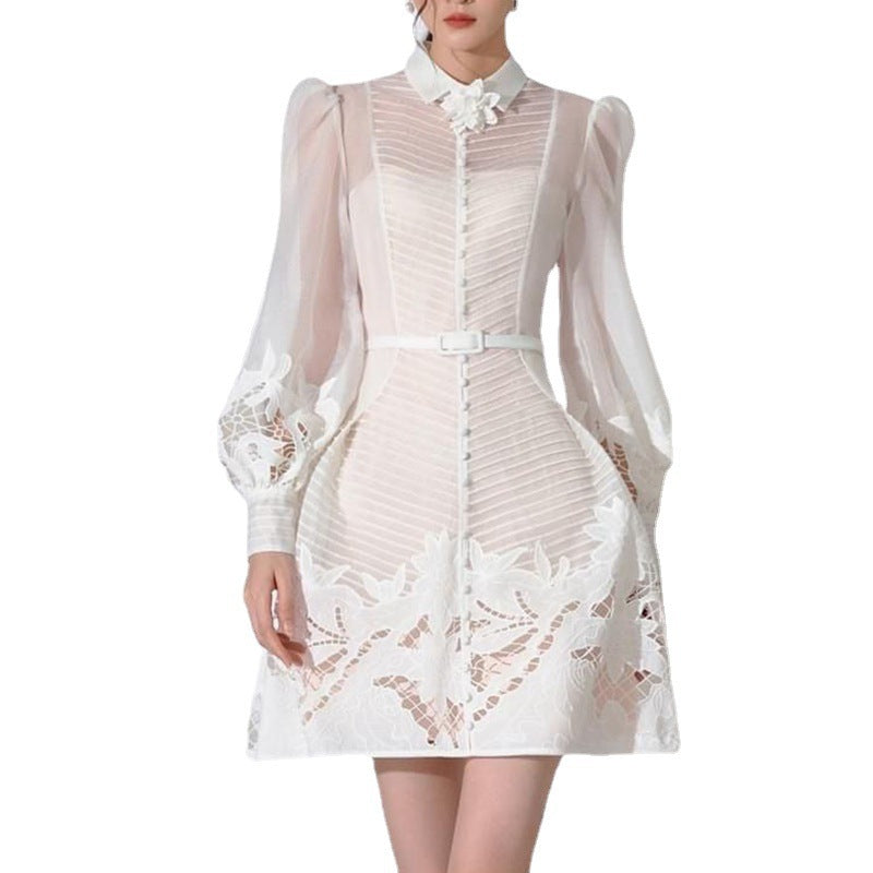 White Transparent Crochet Floral Pattern Patchwork Turn-Down Collar Pleated Long Puff Sleeve Midi Dress