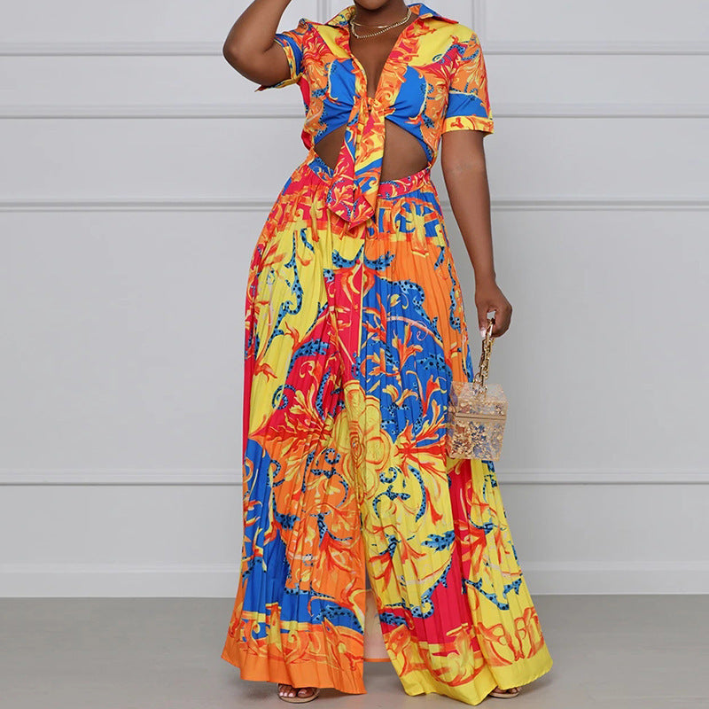 Tropical Rainbow Flower Print Women's Short Sleeve Crop Top + Pleated Wide Leg Pants 2-Piece Set