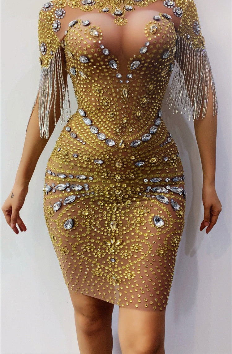 Mesh Catwalk Crystal Rhinestone Tassel Fringe Embellished Stretch Formal Dress