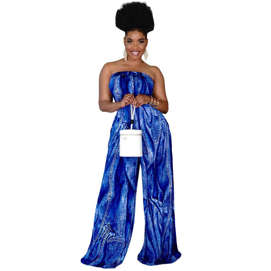 Sleeveless Geometric Print Tube Top Wide Leg Jumpsuit