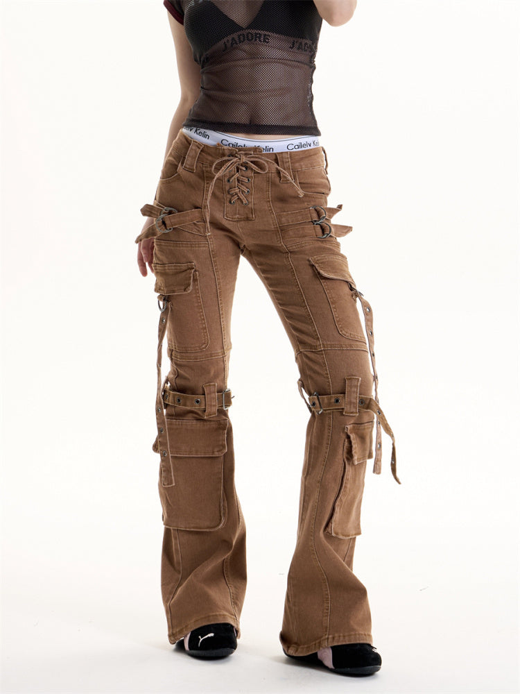 Retro Denim Brown Multi-Pocketed Women's Cargo Jeans