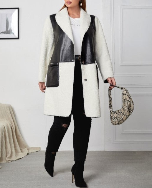Colorblock Black/White Long Sleeve Loose Women's Commuter Faux Leather Coat to 3X Plus Size