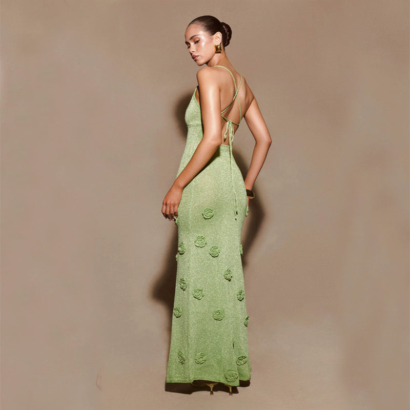 Knitted Crochet Flower Embroidered Glitter Sleeveless Spaghetti Strap Maxi Dress