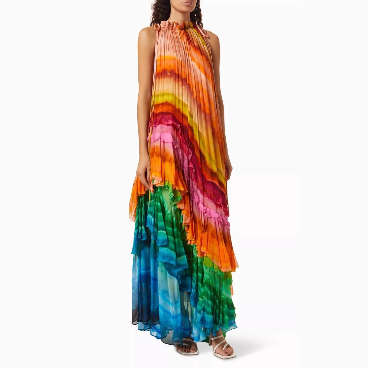 Asymmetrical Striped Colorblock Sleeveless Pleated Maxi Dress