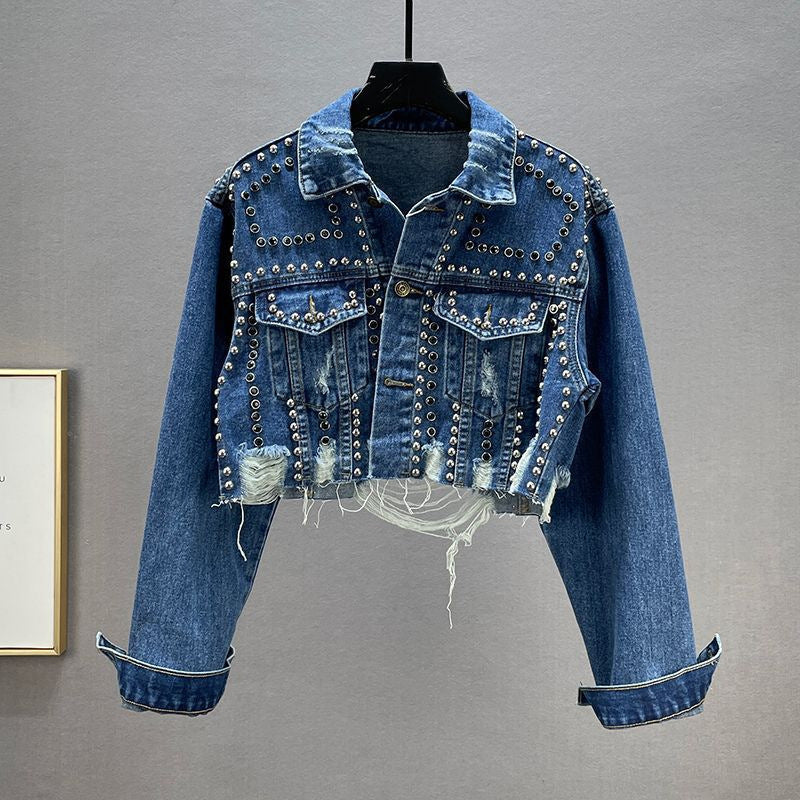 Denim Pearl Beaded Tassel Fringe Women's Turn-Down Collar Washed Cowgirl Double Pocket Jean Jacket