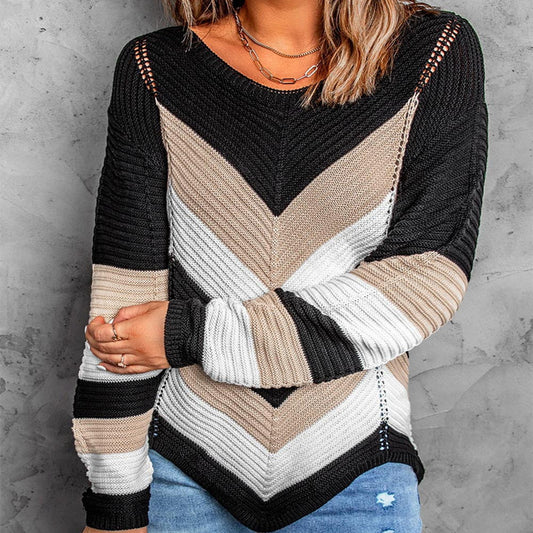 Diagnol Striped Colorblock Pattern Women's Knitted Long Sleeve Sweater to 3X Plus Size
