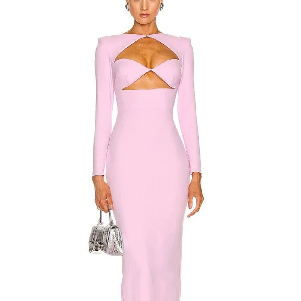 Cut-Out Skinny Long Sleeve Solid Color Formal Maxi Party Dress