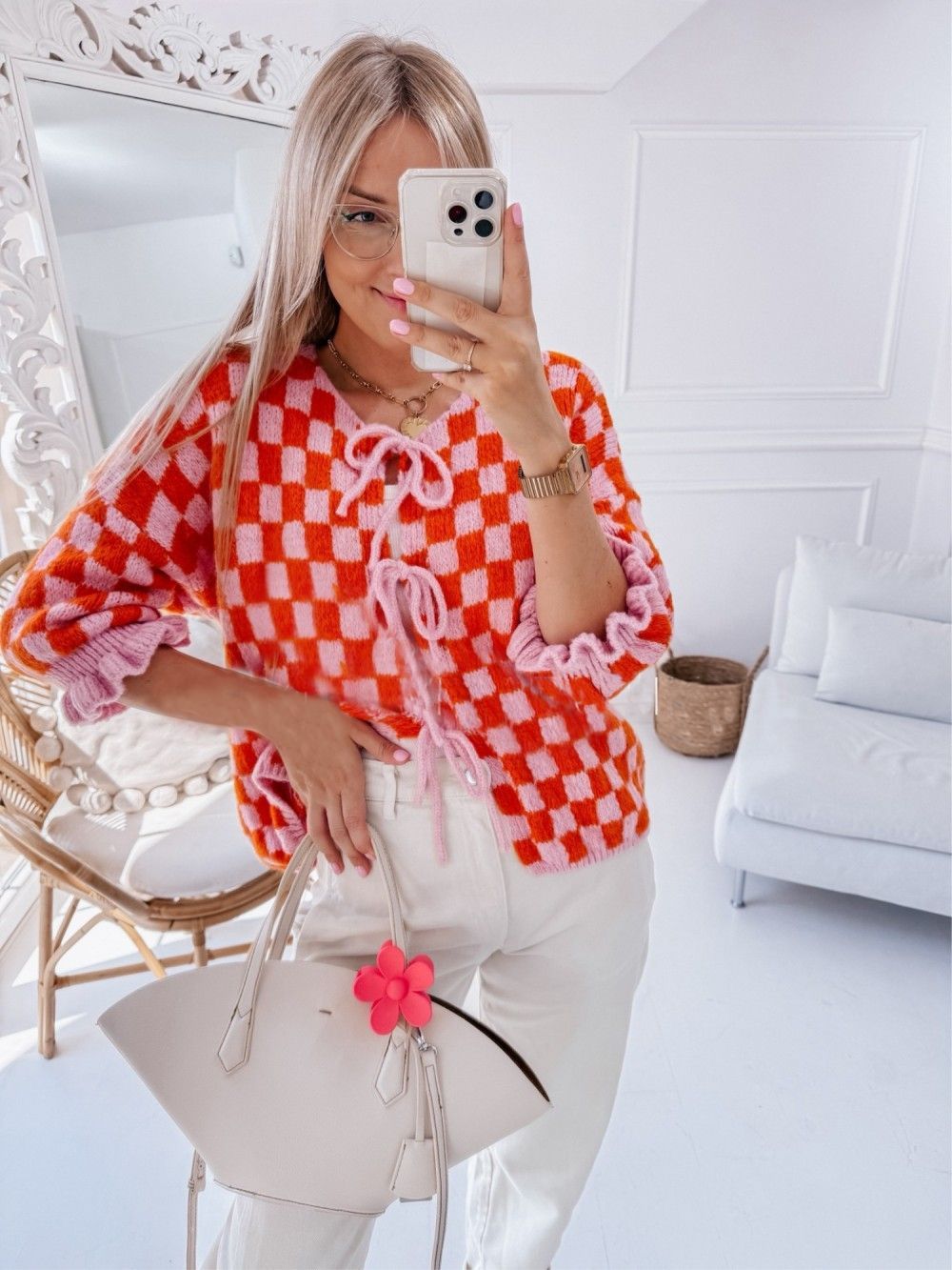 Plaid Checker Colorblock Print Bowknot Design Women's 1/2 Sleeve Sweater