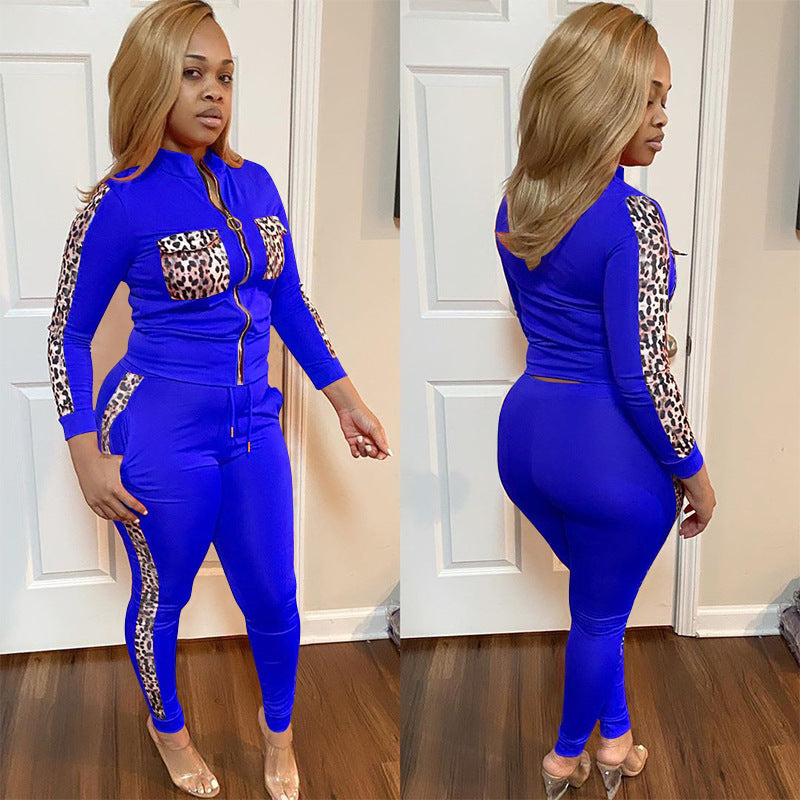 Leopard Colorblock Double Pocket Design Women's Zipper Sports Jacket + Side Striped Sweatpants Tracksuit to 5X Plus Size