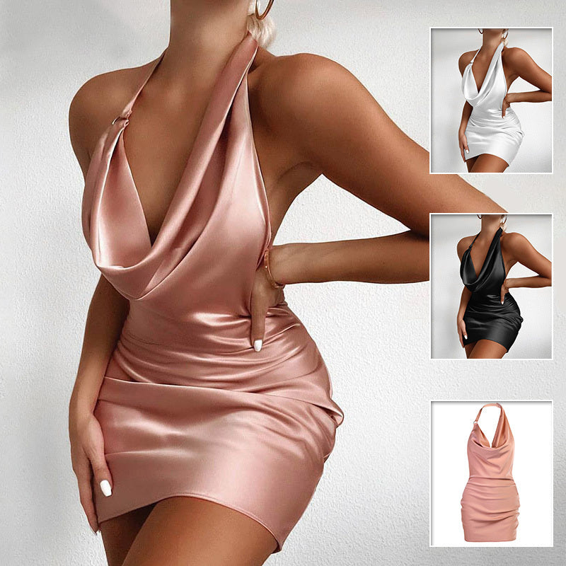 Satin Solid Deep V-Neck Backless Sleeveless Mini Party Dress