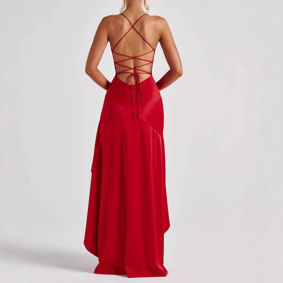 Backless Ruffled Irregular High Slit Solid Color Maxi Formal Party Dress