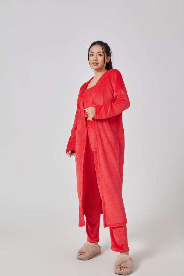 Women's 3-Piece Pajamas Sleepwear Set: Open Solid Color Maxi Cardigan Robe, Sleeveless Cami Top + Leggings