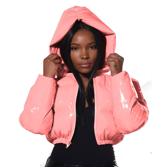 Glossy Hip-Hop Faux Leather Cropped Women's Down Cotton Puffer Hoodie Jacket
