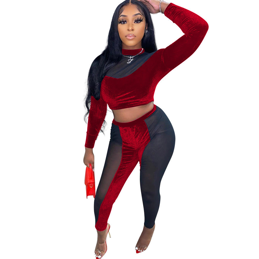 Sheer Transparent Patchwork Long Sleeve Crop Top + Colorblock Skinny Leggings Women's 2-Piece Set