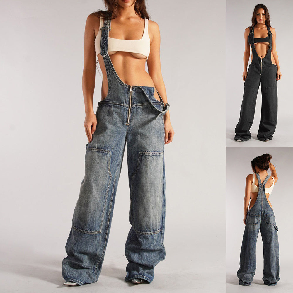 Faded Denim Pocketed Loose Suspender Streetwear Women's Overall Jeans Jumpsuit