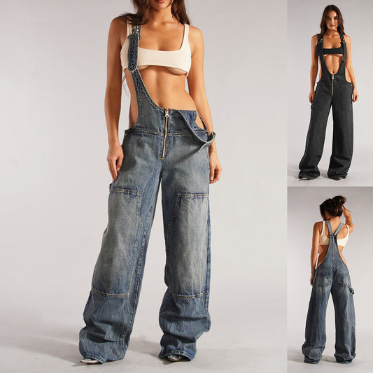 Faded Denim Pocketed Loose Suspender Streetwear Women's Overall Jeans Jumpsuit
