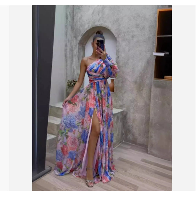 Floral Print Pleated Asymmetrical High Slit One Shoulder Long Sleeve Maxi Dress