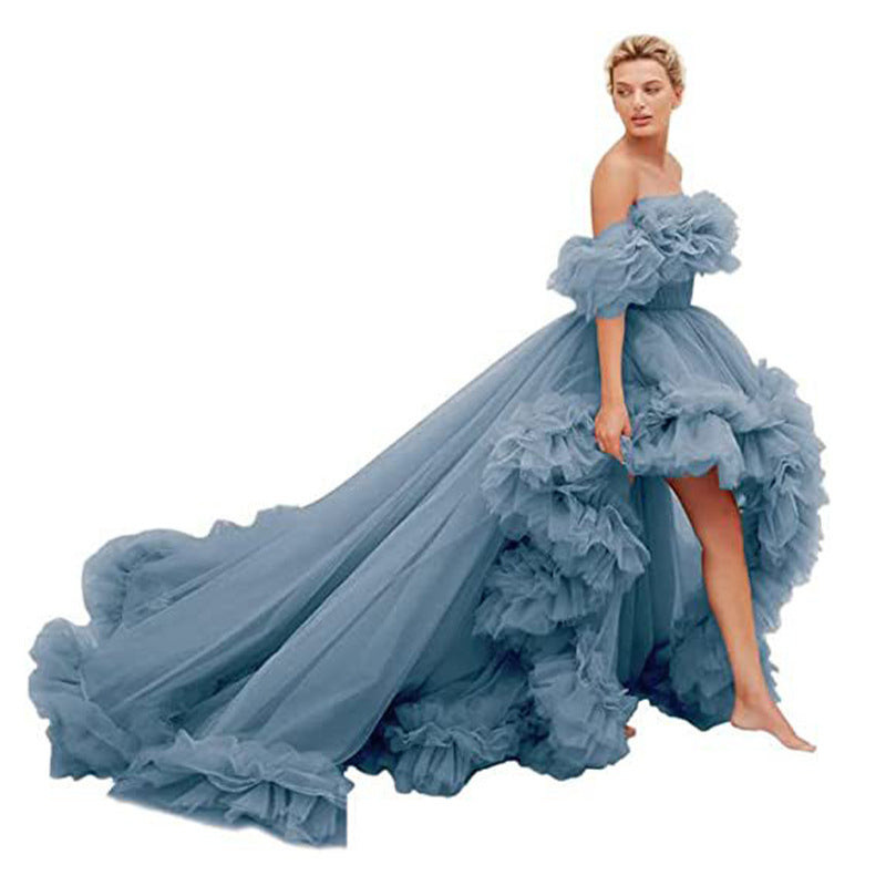 Oversized Ruffled High Low Tulle Off-the-Shoulder Long Tail Party/Prom/ Photoshoot Evening Gown Formal Dress