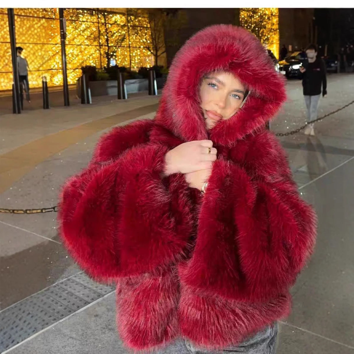 Wine Red Fuzzy Faux Fur Women's Long Sleeve Hoodie Jacket