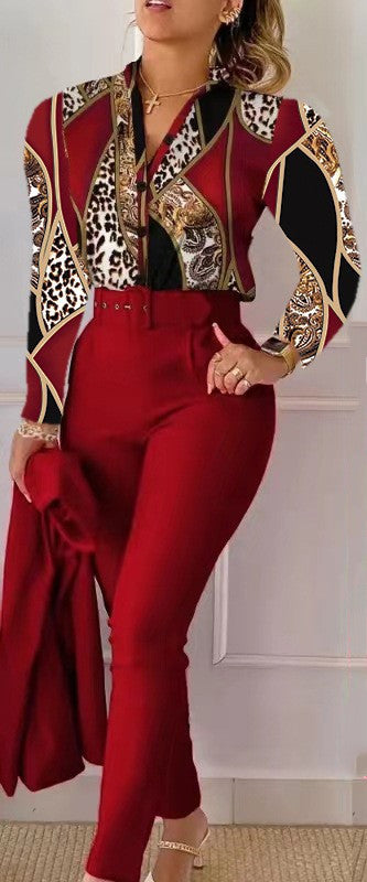 Floral/Geometric/Baroque/Colorblock Gradient Print Long Sleeve Blouse + Solid Color Pants w/ Belt 2-Piece Office Attire Set
