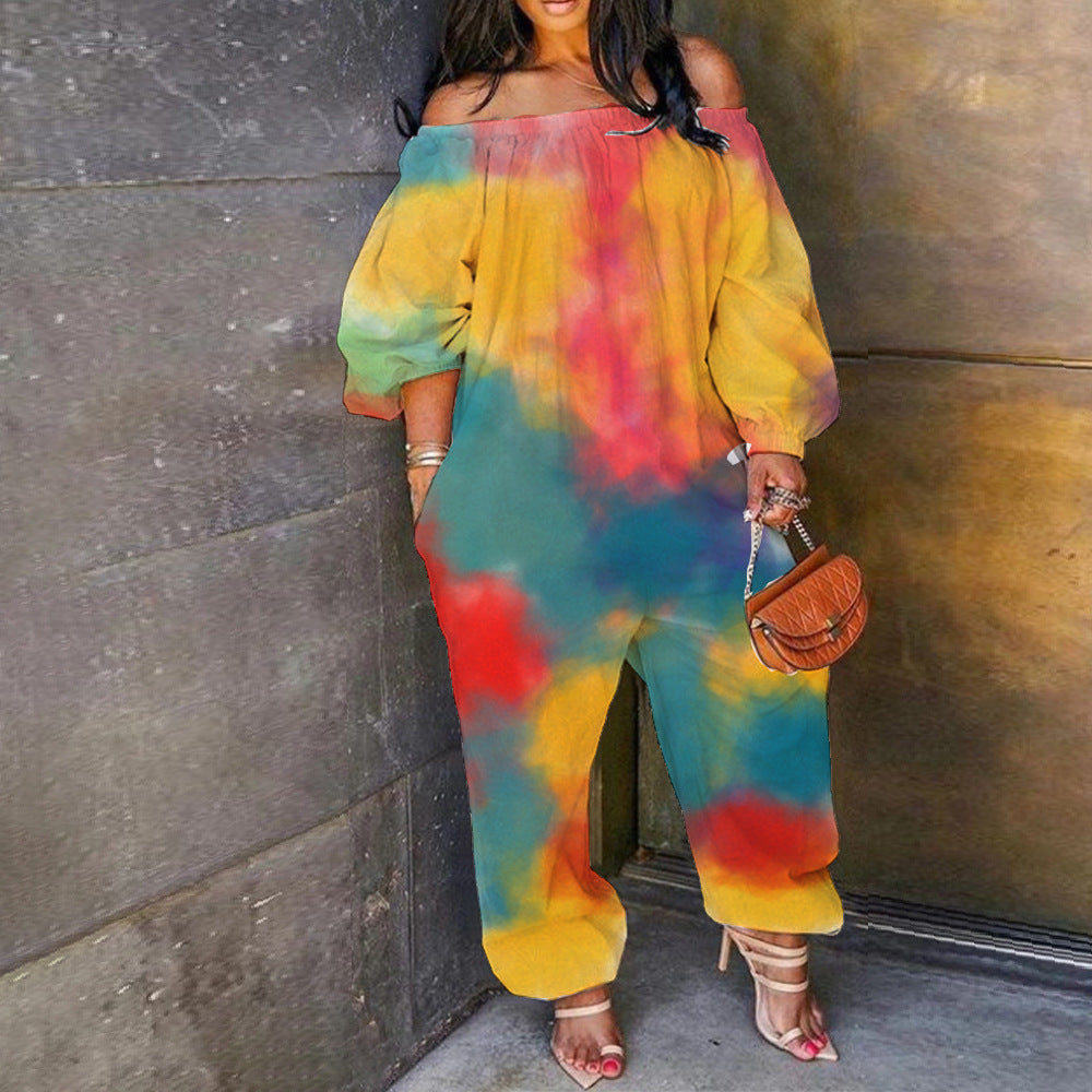 Oversized Tie-Dye Print Off-the-Shoulder Long Sleeve Harem Pants Jumpsuit to 4X Plus Size
